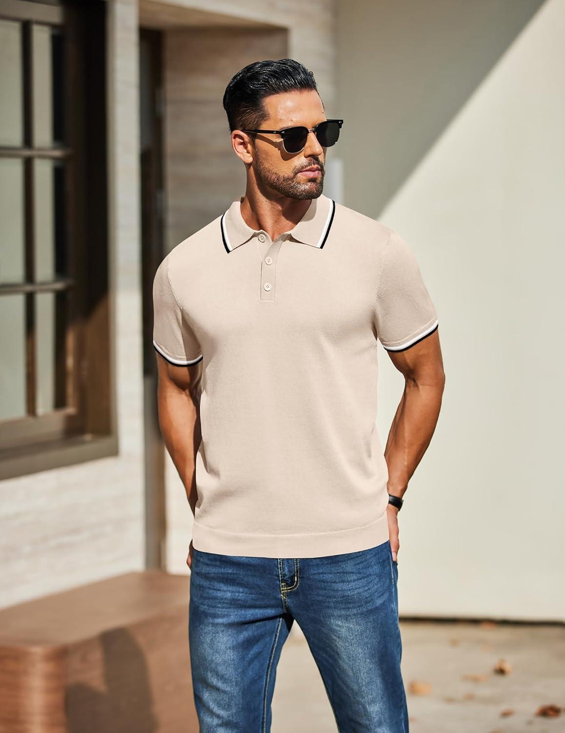 imageCOOFANDY Mens Knit Polo Shirts Casual Short Sleeve Button Down Golf Polo Shirts Vintage Collared T ShirtLight Khaki