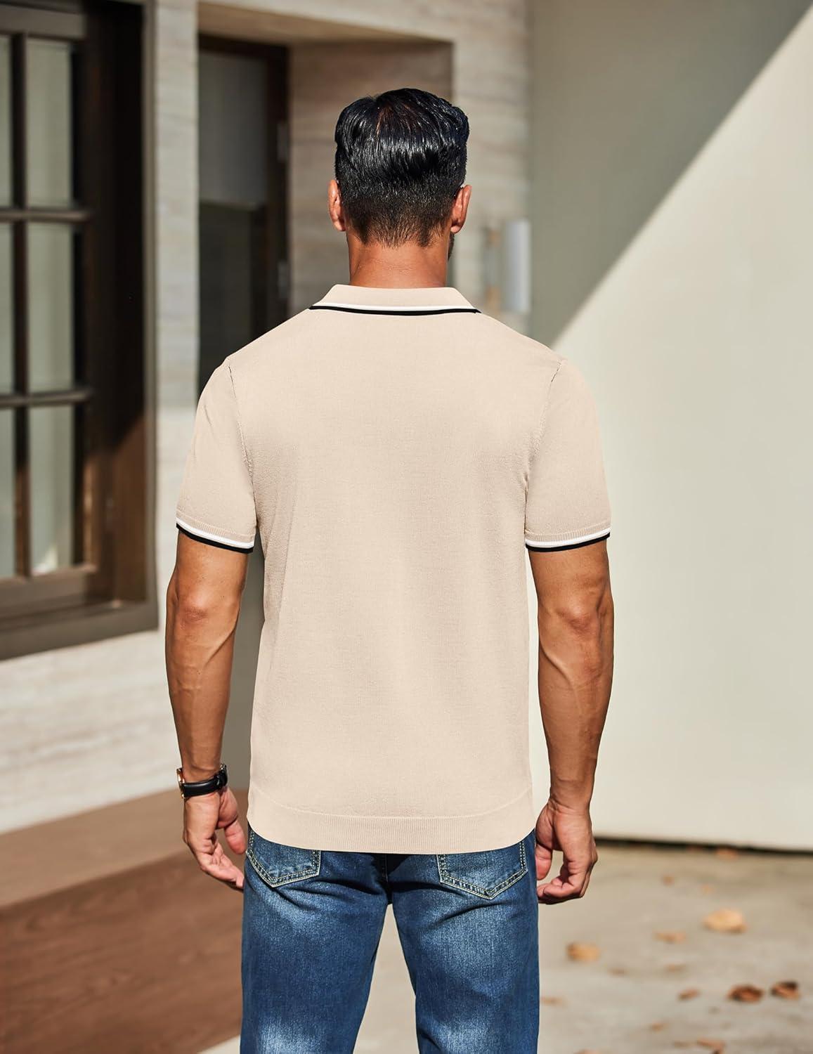 imageCOOFANDY Mens Knit Polo Shirts Casual Short Sleeve Button Down Golf Polo Shirts Vintage Collared T ShirtLight Khaki