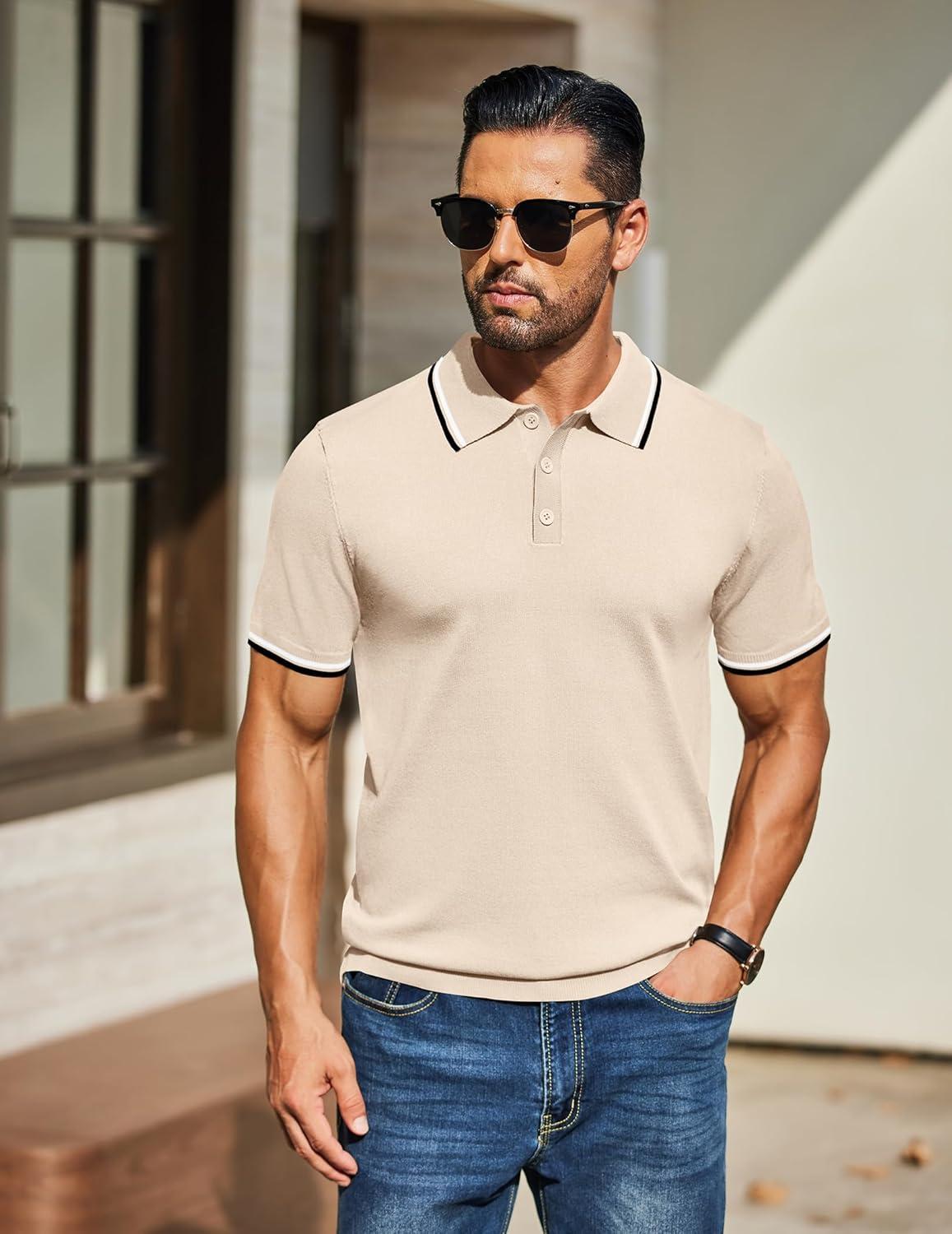imageCOOFANDY Mens Knit Polo Shirts Casual Short Sleeve Button Down Golf Polo Shirts Vintage Collared T ShirtLight Khaki