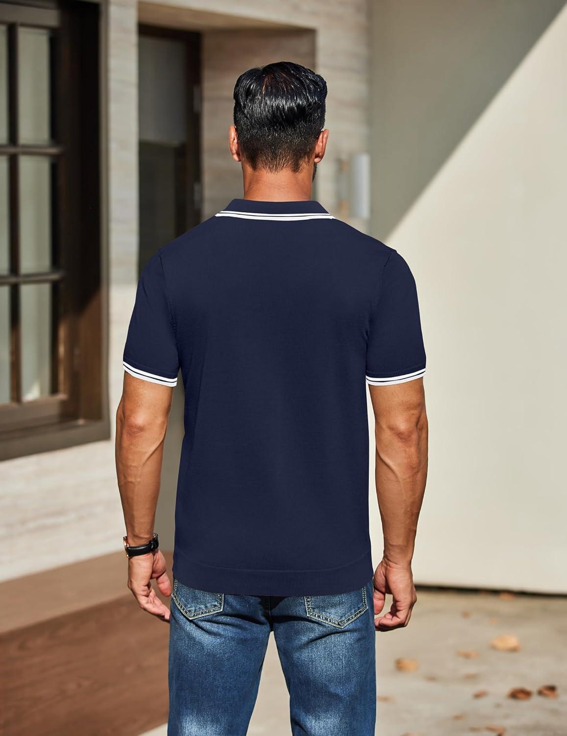 imageCOOFANDY Mens Knit Polo Shirts Casual Short Sleeve Button Down Golf Polo Shirts Vintage Collared T ShirtNavy Blue