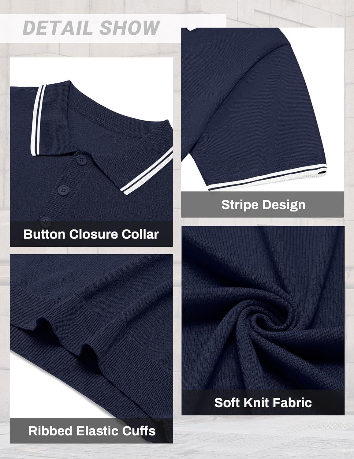 imageCOOFANDY Mens Knit Polo Shirts Casual Short Sleeve Button Down Golf Polo Shirts Vintage Collared T ShirtNavy Blue