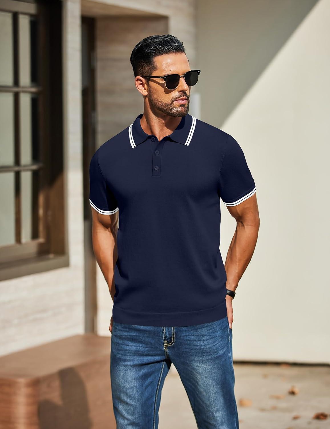 imageCOOFANDY Mens Knit Polo Shirts Casual Short Sleeve Button Down Golf Polo Shirts Vintage Collared T ShirtNavy Blue