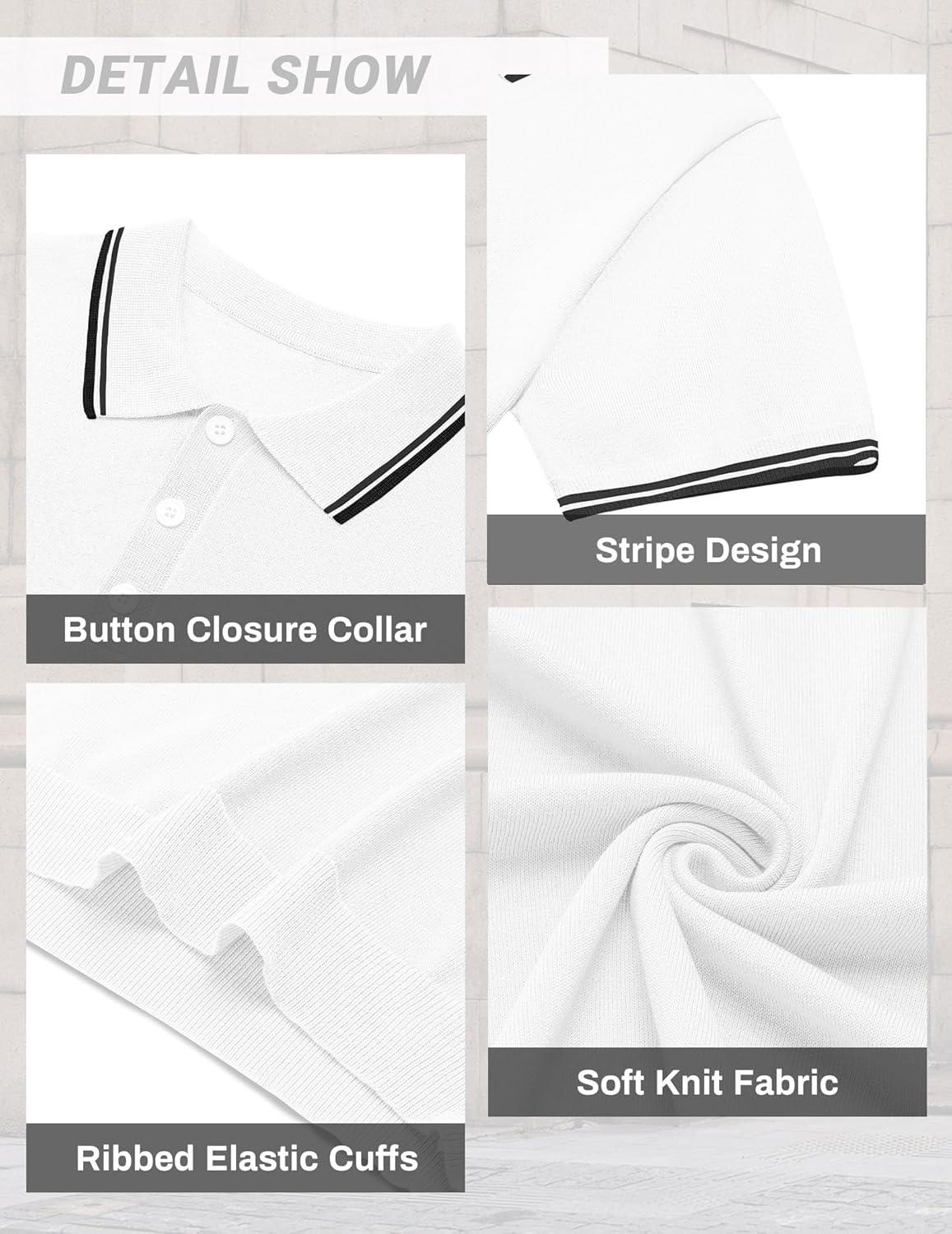 imageCOOFANDY Mens Knit Polo Shirts Casual Short Sleeve Button Down Golf Polo Shirts Vintage Collared T ShirtWhite