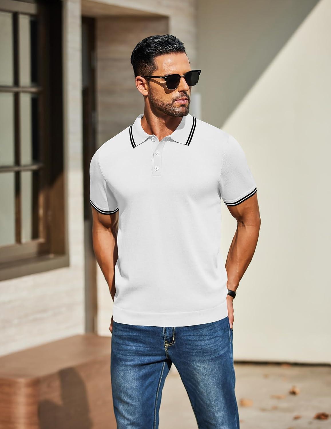 imageCOOFANDY Mens Knit Polo Shirts Casual Short Sleeve Button Down Golf Polo Shirts Vintage Collared T ShirtWhite