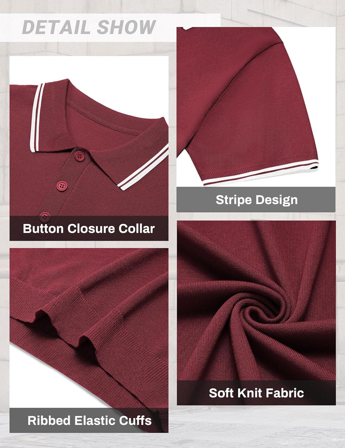 imageCOOFANDY Mens Knit Polo Shirts Casual Short Sleeve Button Down Golf Polo Shirts Vintage Collared T ShirtWine Red