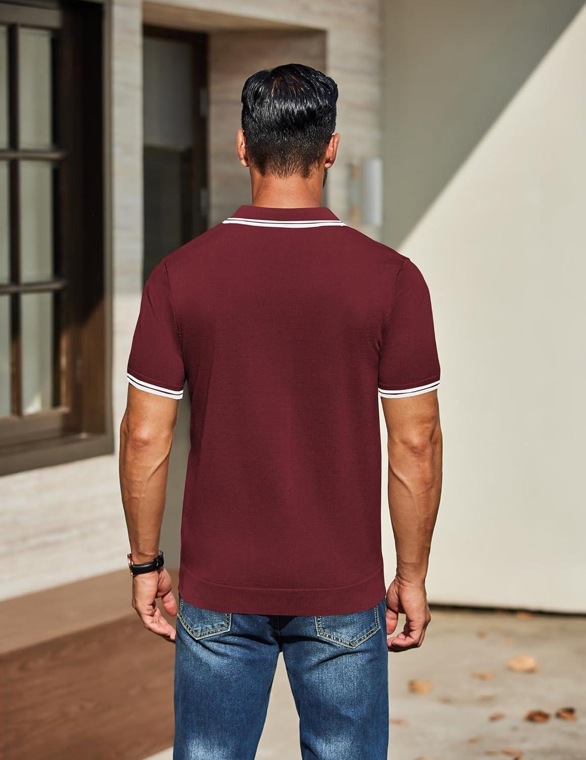 imageCOOFANDY Mens Knit Polo Shirts Casual Short Sleeve Button Down Golf Polo Shirts Vintage Collared T ShirtWine Red
