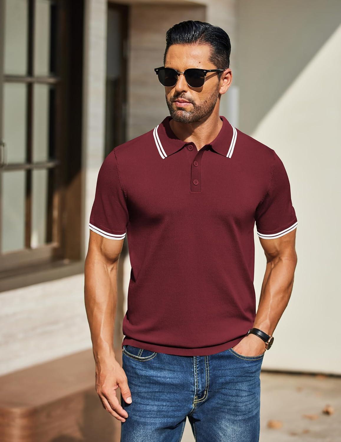 imageCOOFANDY Mens Knit Polo Shirts Casual Short Sleeve Button Down Golf Polo Shirts Vintage Collared T ShirtWine Red