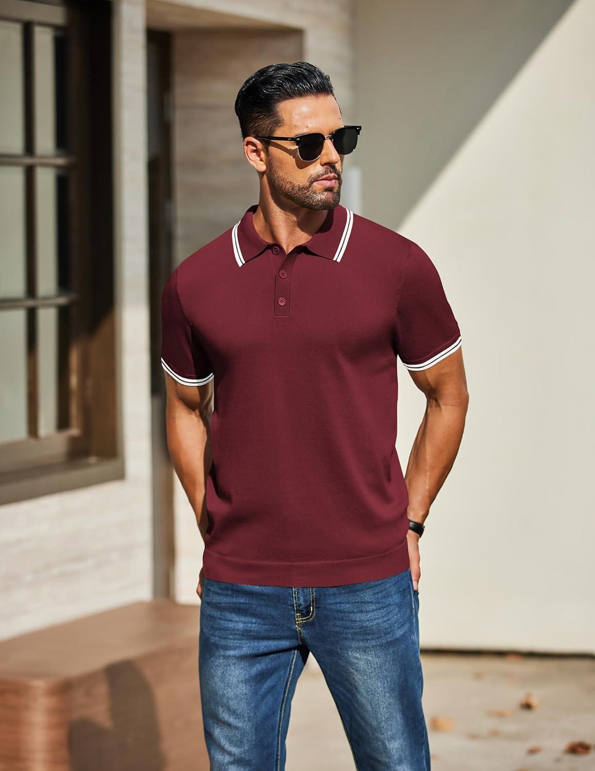 imageCOOFANDY Mens Knit Polo Shirts Casual Short Sleeve Button Down Golf Polo Shirts Vintage Collared T ShirtWine Red