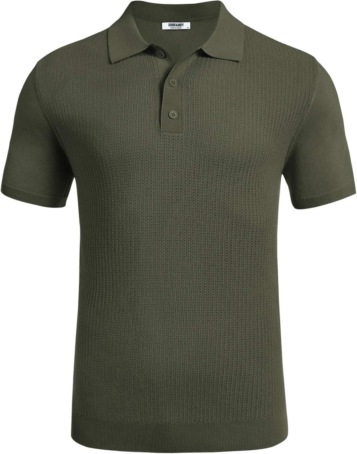 imageCOOFANDY Mens Knit Polo Shirts Short Sleeve Casual Button Down Shirts Vintage Collared Golf ShirtsArmy Green