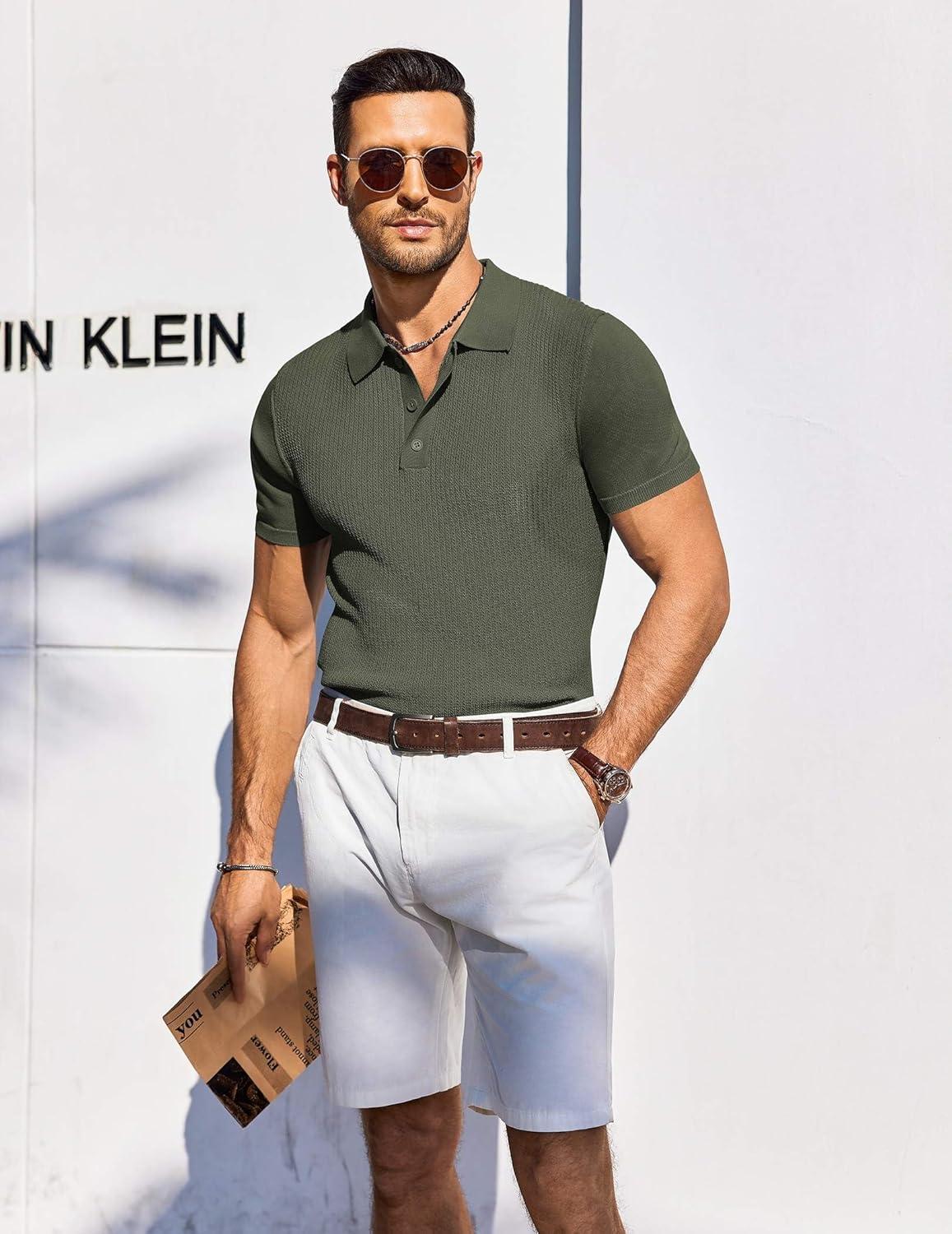 imageCOOFANDY Mens Knit Polo Shirts Short Sleeve Casual Button Down Shirts Vintage Collared Golf ShirtsArmy Green