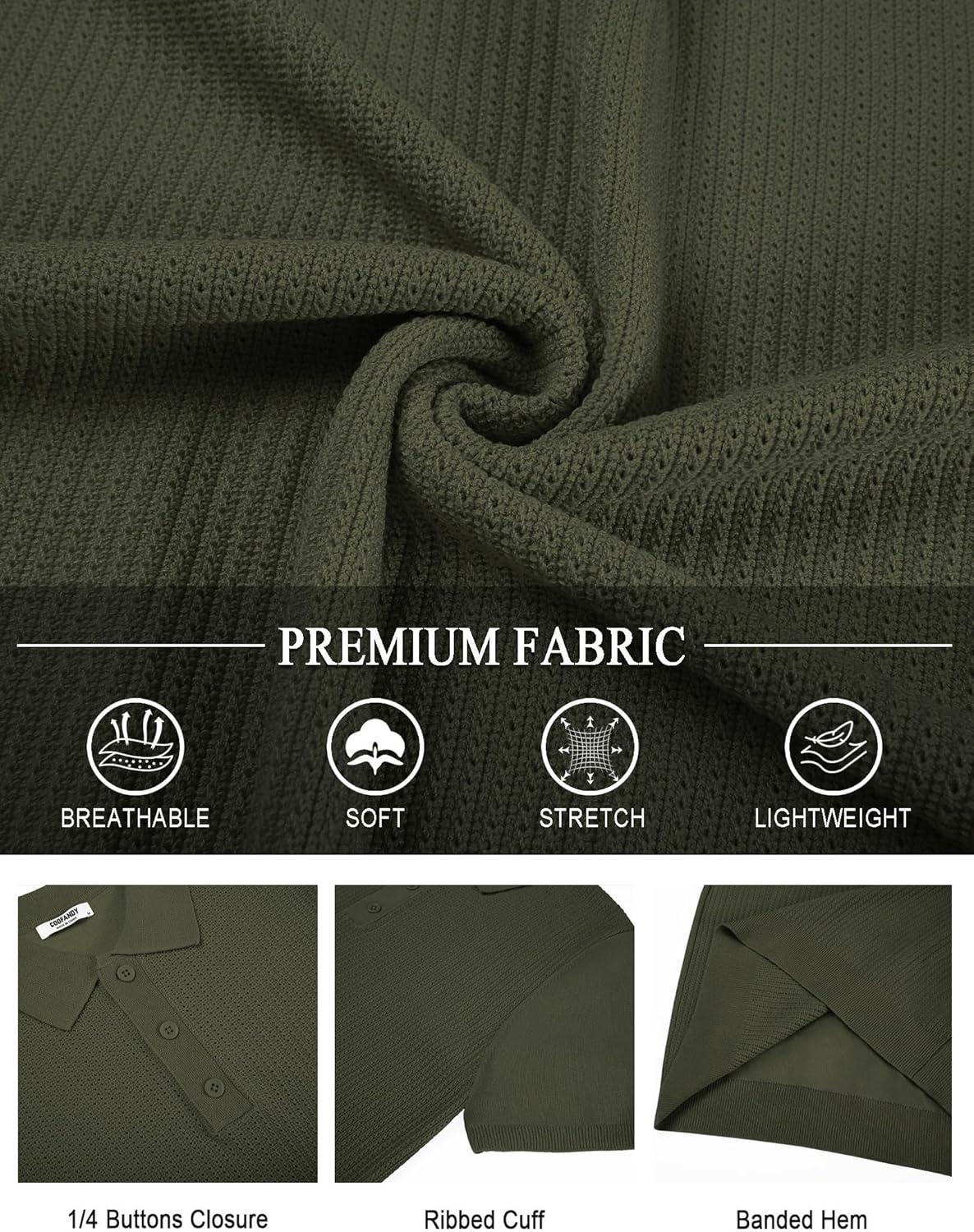 imageCOOFANDY Mens Knit Polo Shirts Short Sleeve Casual Button Down Shirts Vintage Collared Golf ShirtsArmy Green