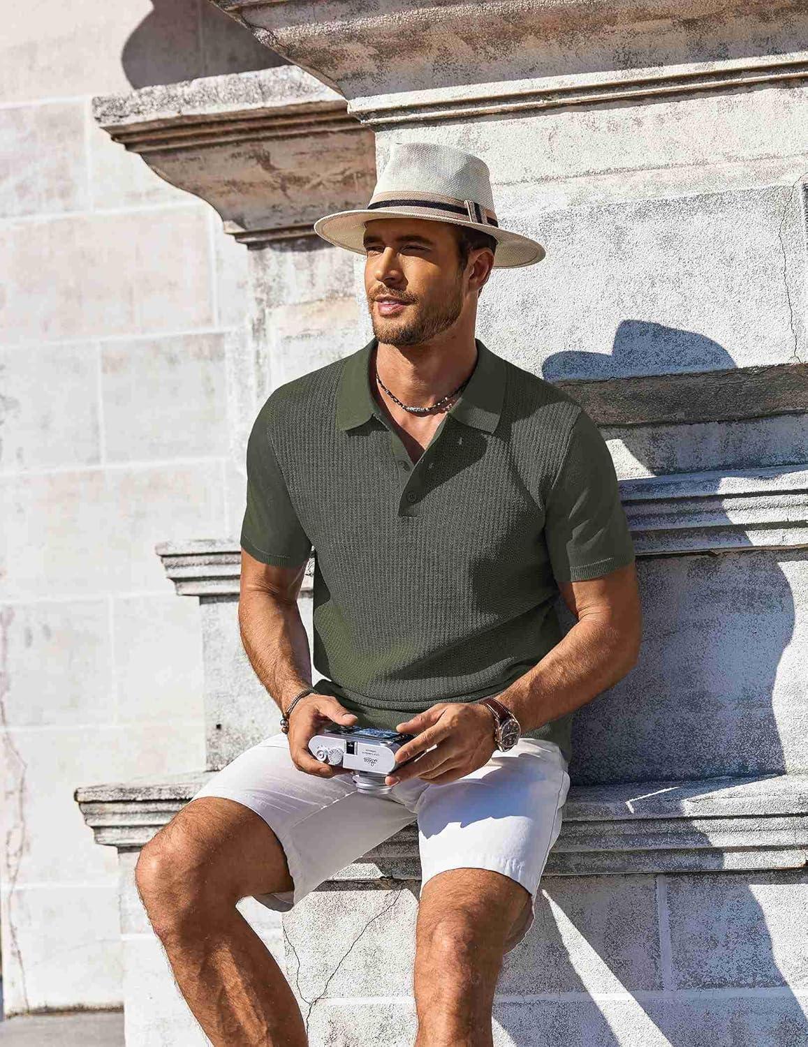 imageCOOFANDY Mens Knit Polo Shirts Short Sleeve Casual Button Down Shirts Vintage Collared Golf ShirtsArmy Green