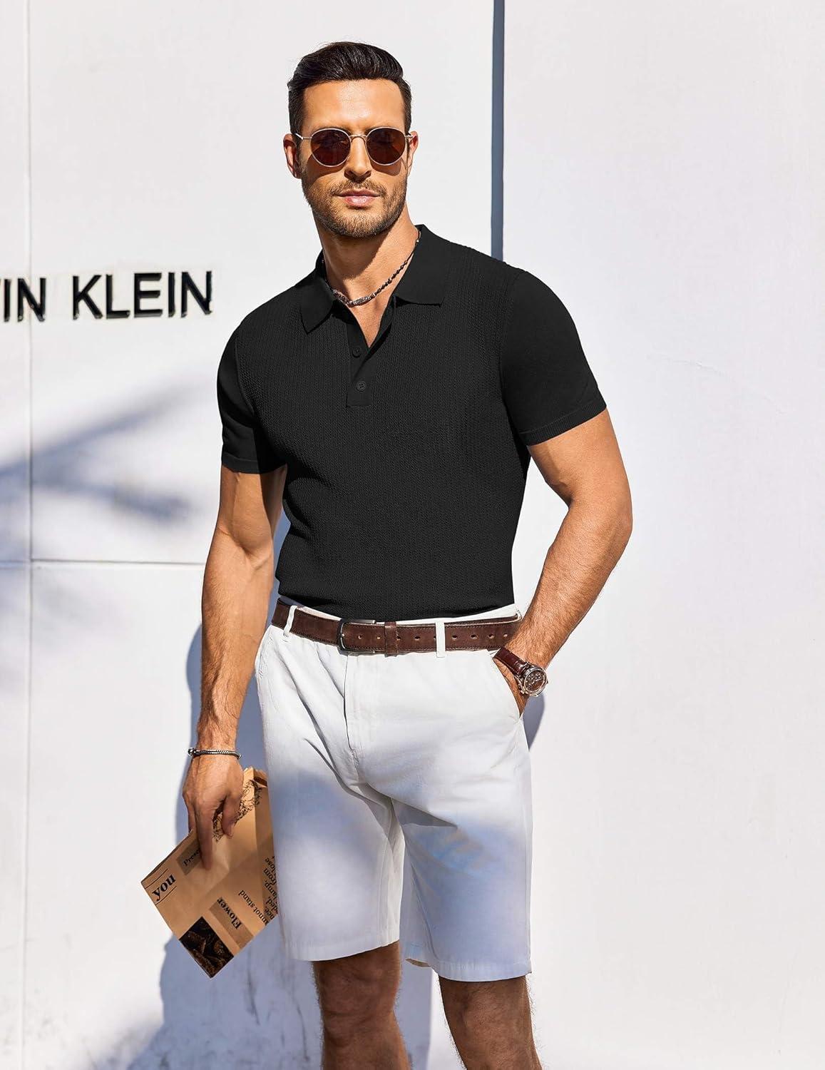 imageCOOFANDY Mens Knit Polo Shirts Short Sleeve Casual Button Down Shirts Vintage Collared Golf ShirtsBlack