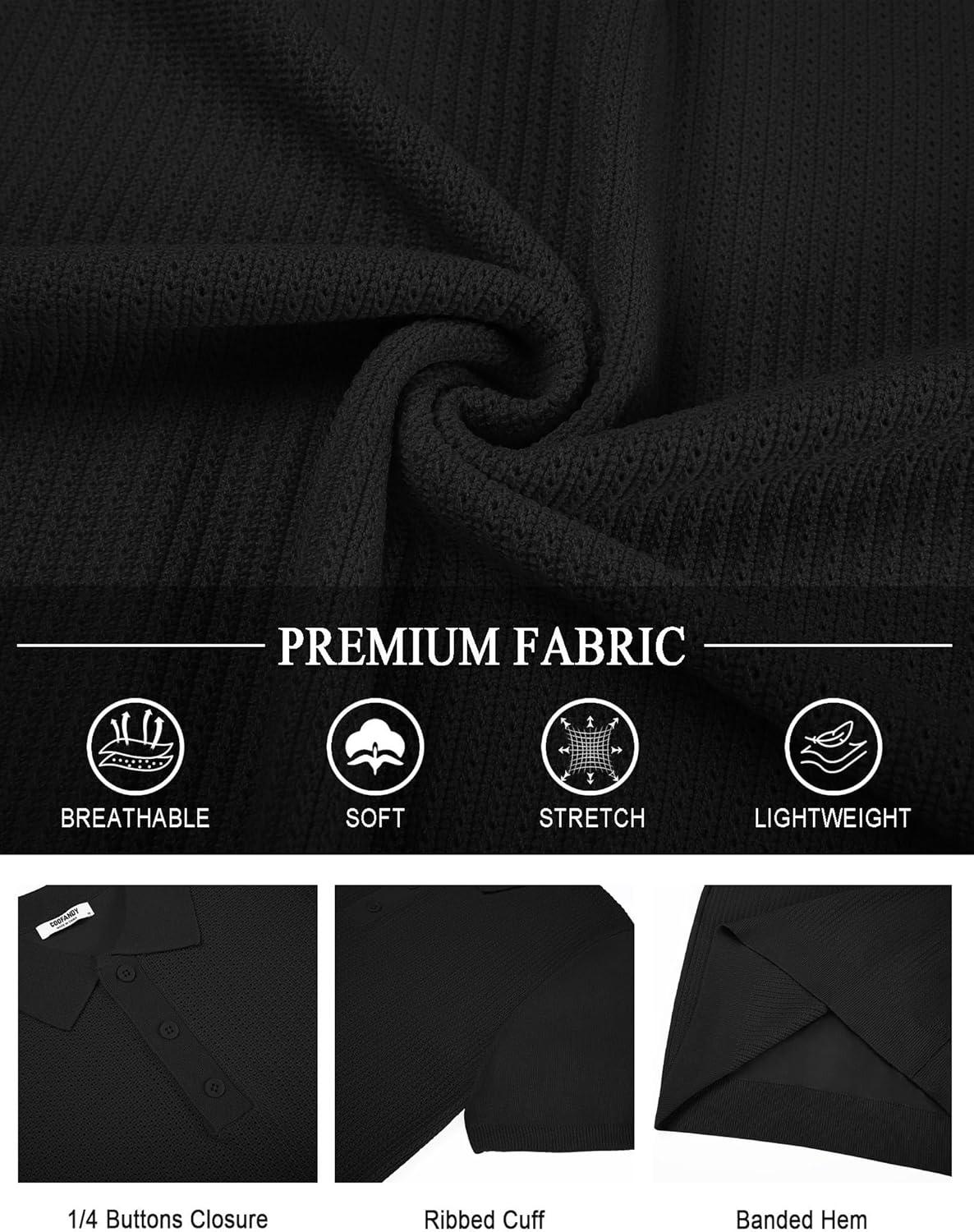 imageCOOFANDY Mens Knit Polo Shirts Short Sleeve Casual Button Down Shirts Vintage Collared Golf ShirtsBlack