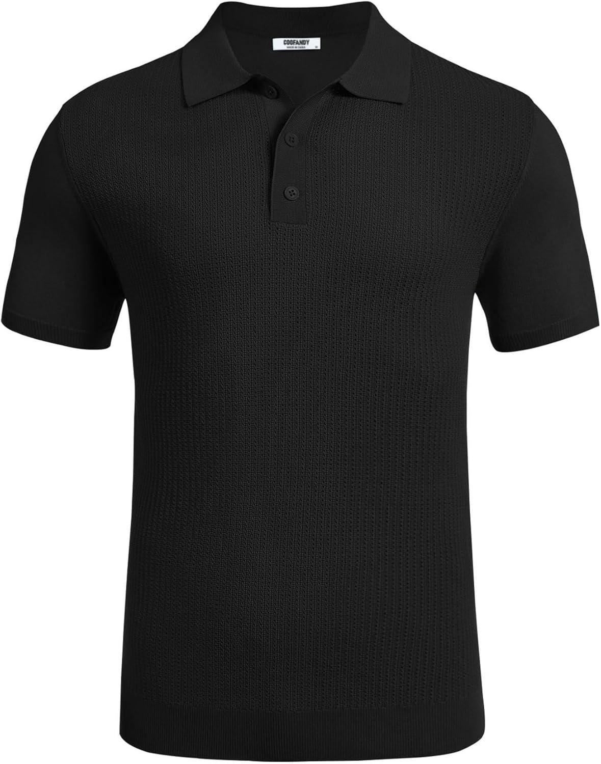 imageCOOFANDY Mens Knit Polo Shirts Short Sleeve Casual Button Down Shirts Vintage Collared Golf ShirtsBlack