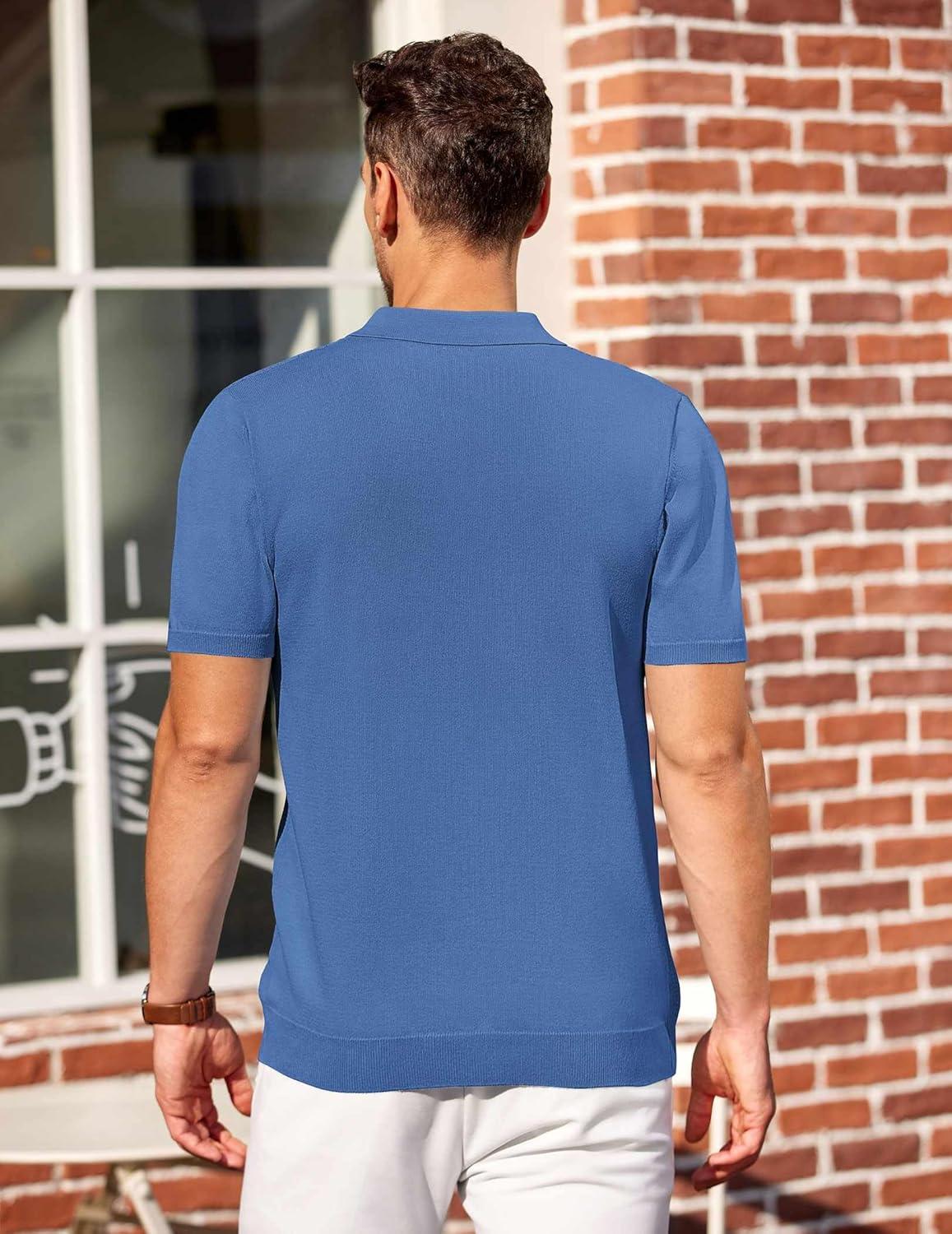 imageCOOFANDY Mens Knit Polo Shirts Short Sleeve Casual Button Down Shirts Vintage Collared Golf ShirtsBlue