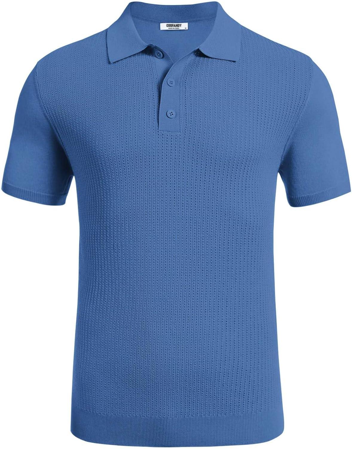 imageCOOFANDY Mens Knit Polo Shirts Short Sleeve Casual Button Down Shirts Vintage Collared Golf ShirtsBlue
