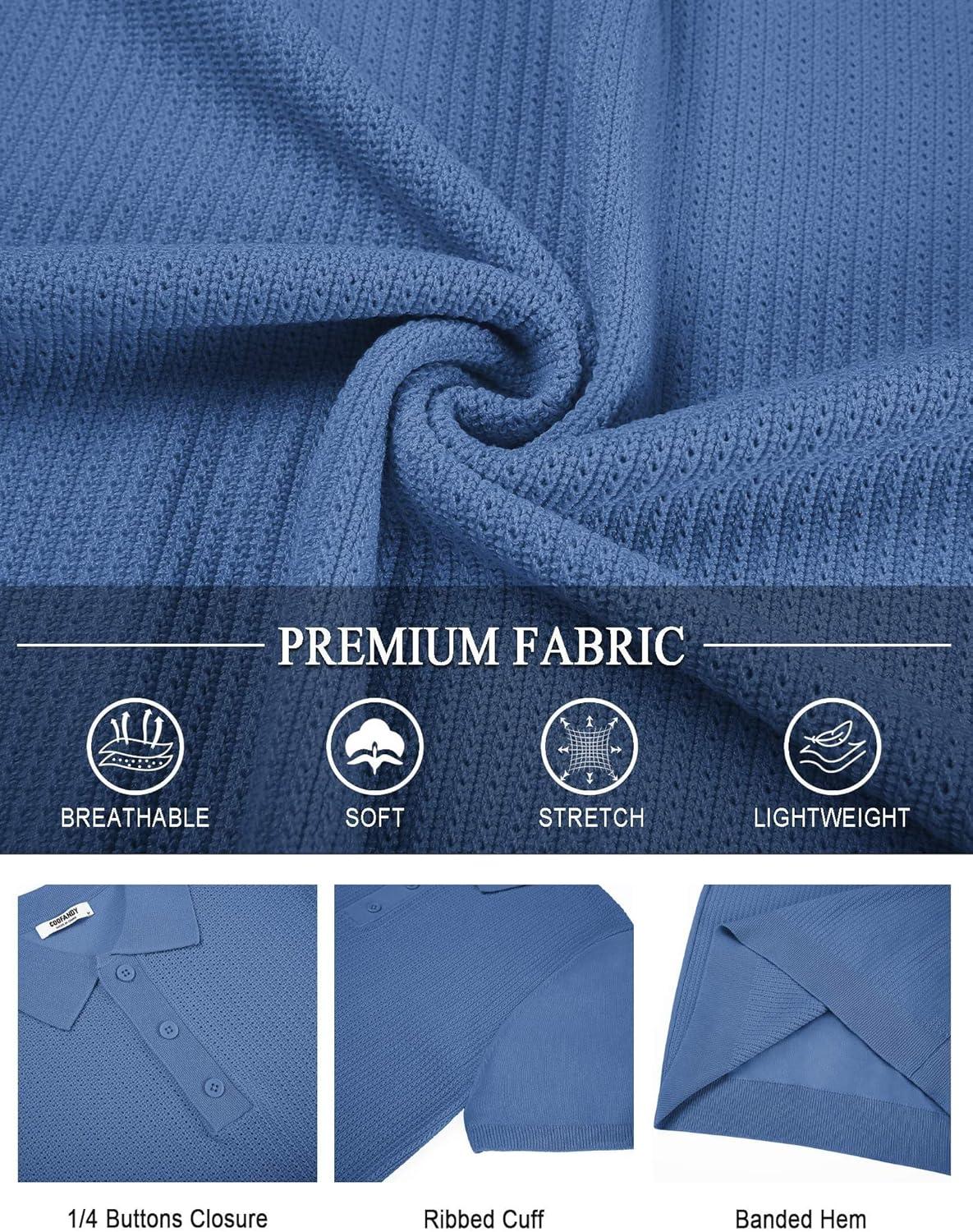 imageCOOFANDY Mens Knit Polo Shirts Short Sleeve Casual Button Down Shirts Vintage Collared Golf ShirtsBlue