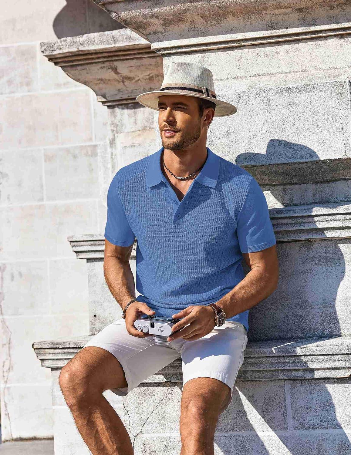 imageCOOFANDY Mens Knit Polo Shirts Short Sleeve Casual Button Down Shirts Vintage Collared Golf ShirtsBlue