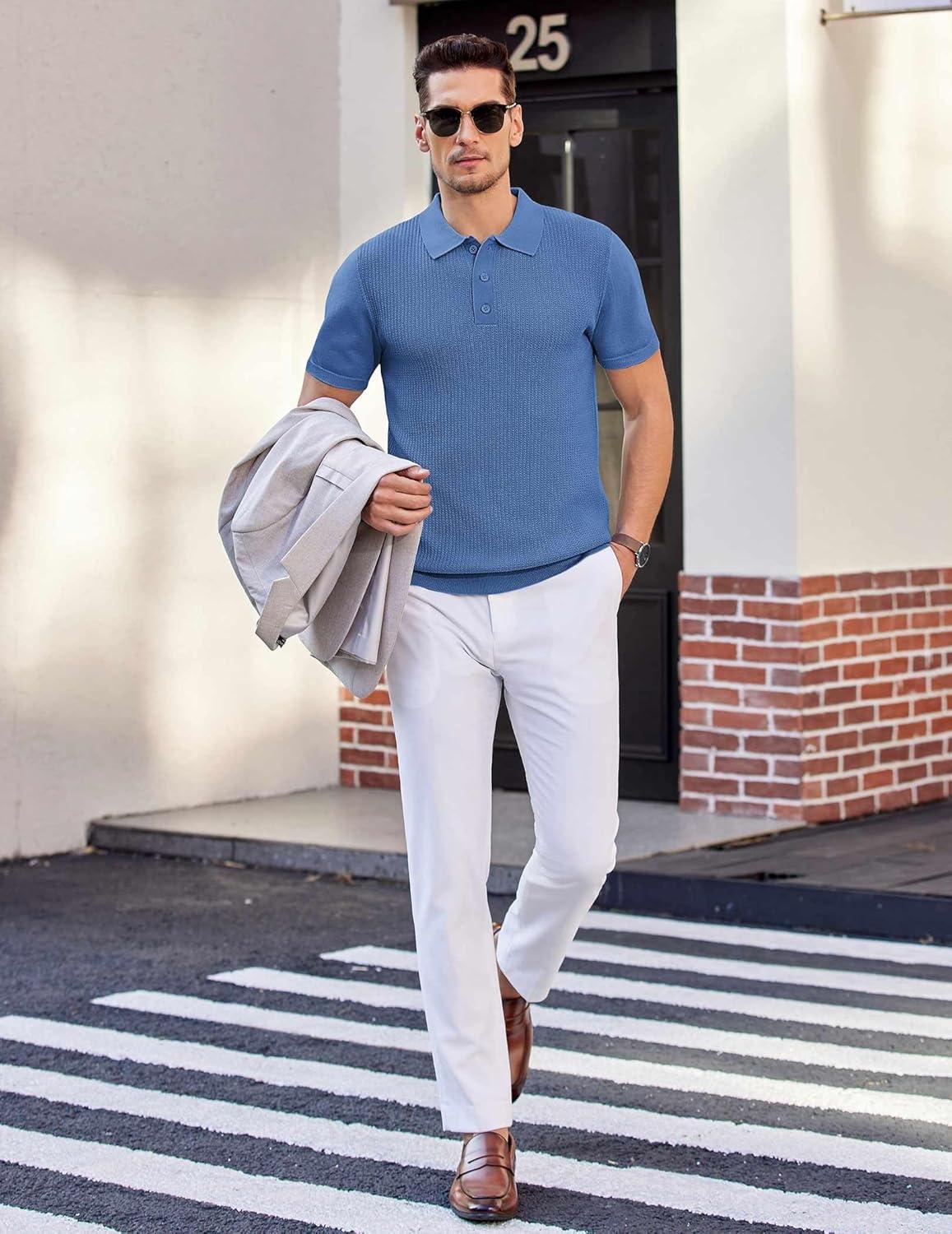 imageCOOFANDY Mens Knit Polo Shirts Short Sleeve Casual Button Down Shirts Vintage Collared Golf ShirtsBlue