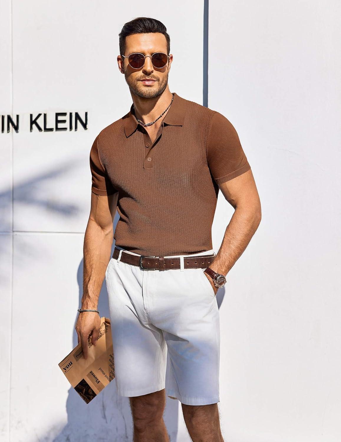 imageCOOFANDY Mens Knit Polo Shirts Short Sleeve Casual Button Down Shirts Vintage Collared Golf ShirtsBrown