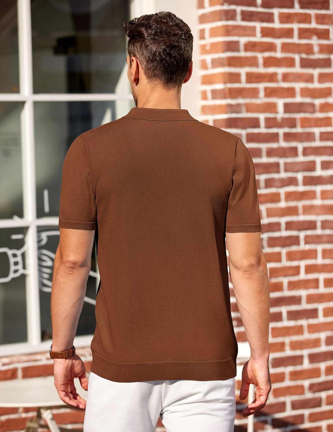 imageCOOFANDY Mens Knit Polo Shirts Short Sleeve Casual Button Down Shirts Vintage Collared Golf ShirtsBrown