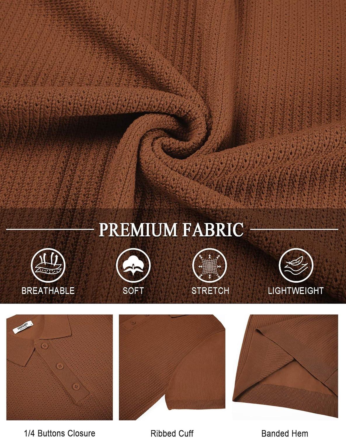 imageCOOFANDY Mens Knit Polo Shirts Short Sleeve Casual Button Down Shirts Vintage Collared Golf ShirtsBrown