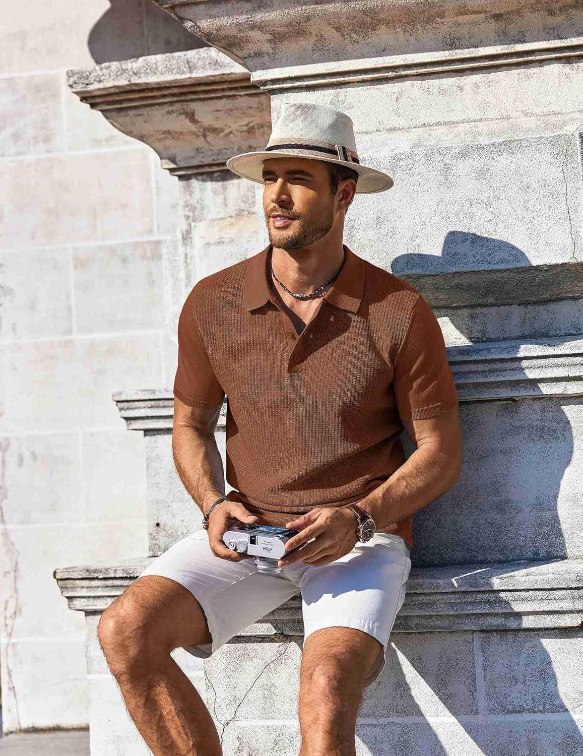 imageCOOFANDY Mens Knit Polo Shirts Short Sleeve Casual Button Down Shirts Vintage Collared Golf ShirtsBrown