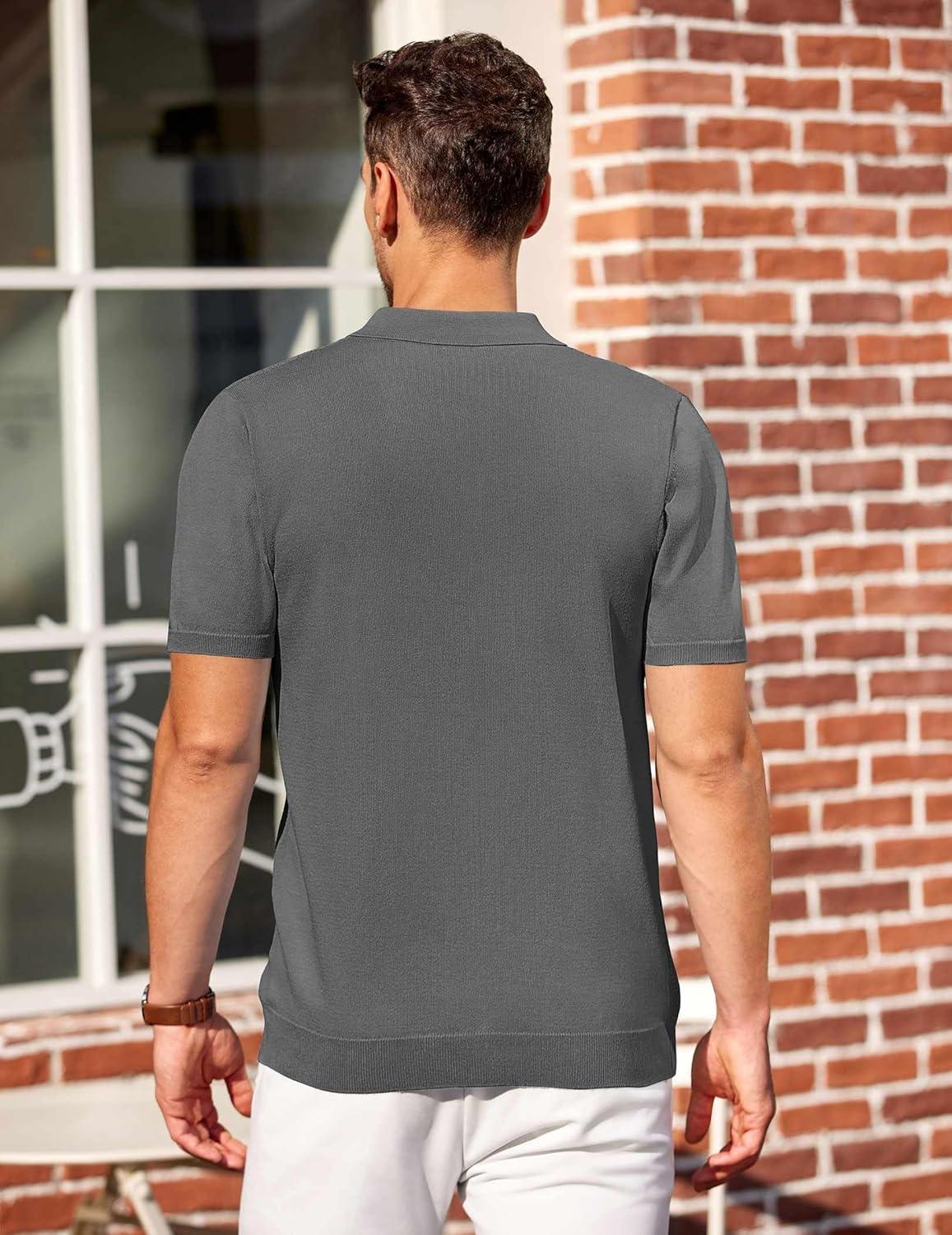 imageCOOFANDY Mens Knit Polo Shirts Short Sleeve Casual Button Down Shirts Vintage Collared Golf ShirtsDark Gray