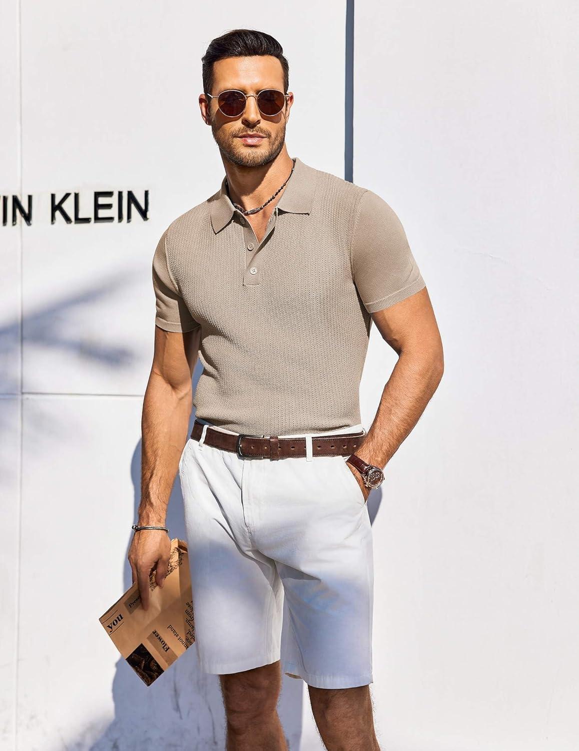 imageCOOFANDY Mens Knit Polo Shirts Short Sleeve Casual Button Down Shirts Vintage Collared Golf ShirtsKhaki