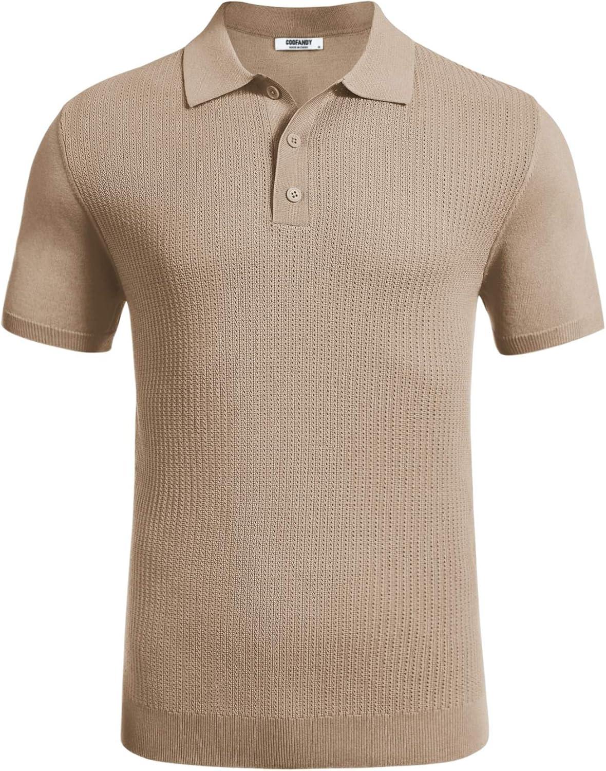 imageCOOFANDY Mens Knit Polo Shirts Short Sleeve Casual Button Down Shirts Vintage Collared Golf ShirtsKhaki