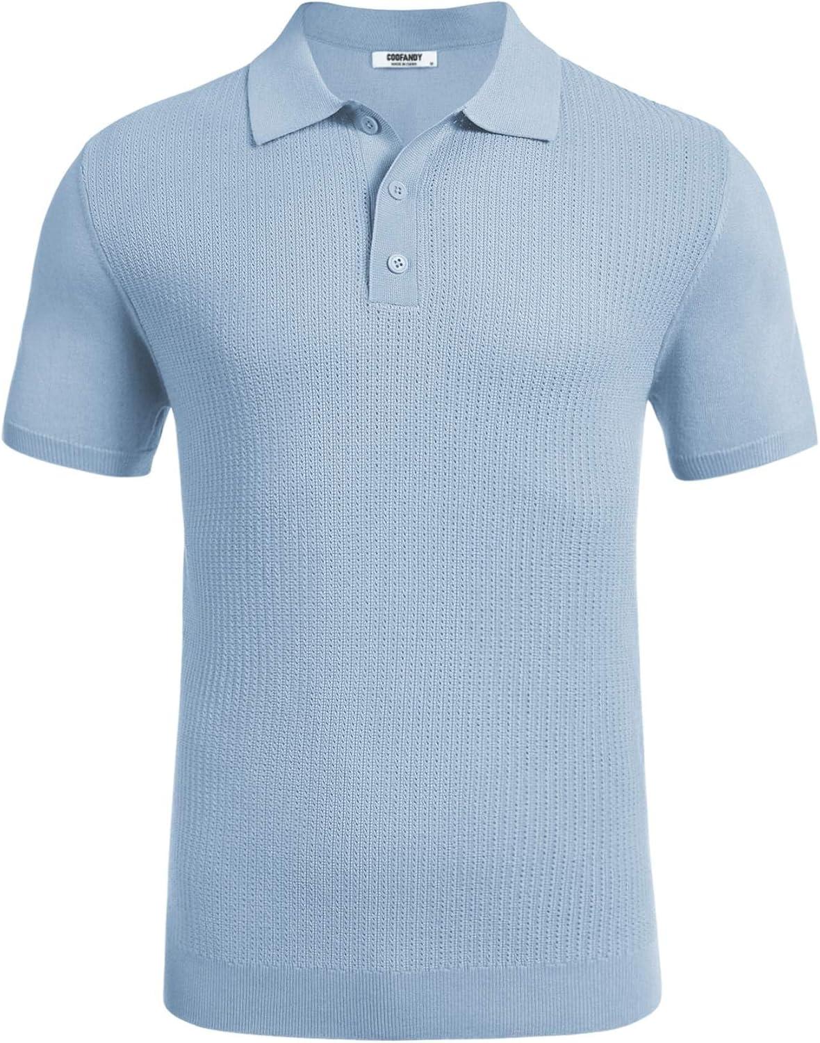 imageCOOFANDY Mens Knit Polo Shirts Short Sleeve Casual Button Down Shirts Vintage Collared Golf ShirtsLight Blue