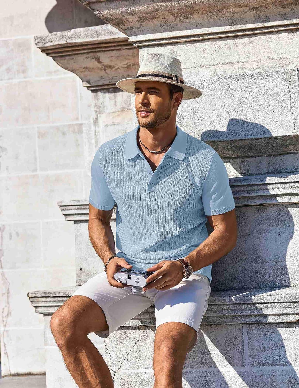 imageCOOFANDY Mens Knit Polo Shirts Short Sleeve Casual Button Down Shirts Vintage Collared Golf ShirtsLight Blue