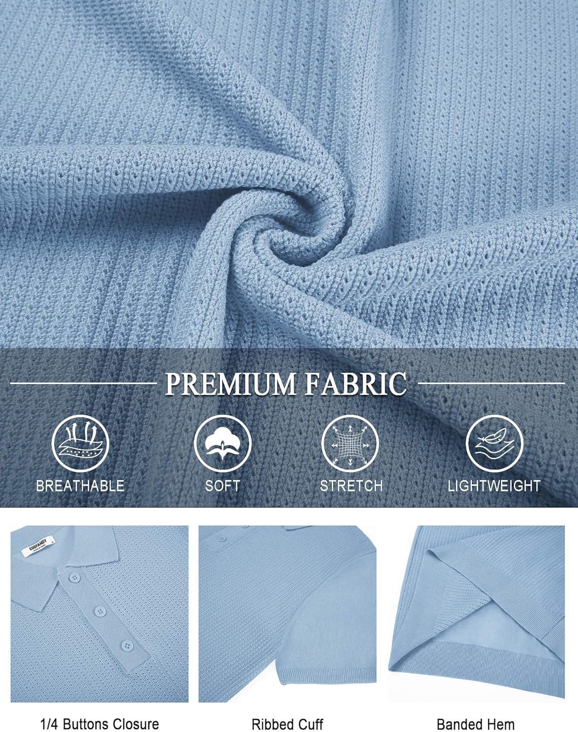 imageCOOFANDY Mens Knit Polo Shirts Short Sleeve Casual Button Down Shirts Vintage Collared Golf ShirtsLight Blue