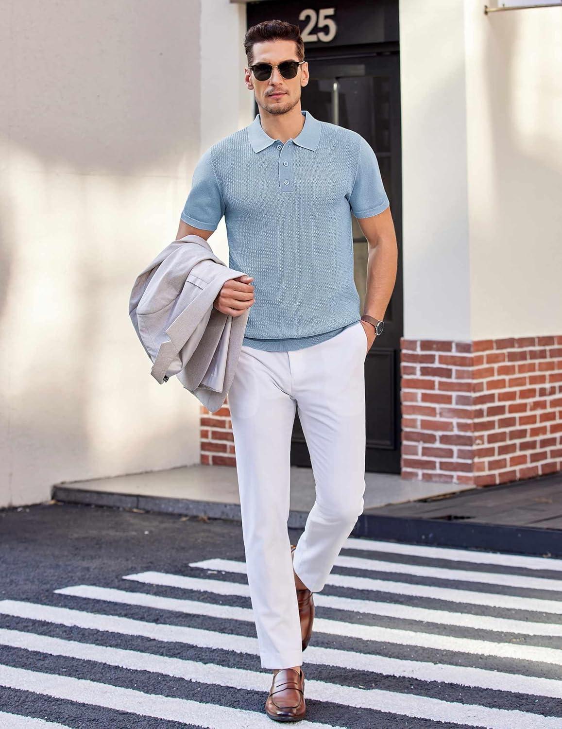 imageCOOFANDY Mens Knit Polo Shirts Short Sleeve Casual Button Down Shirts Vintage Collared Golf ShirtsLight Blue