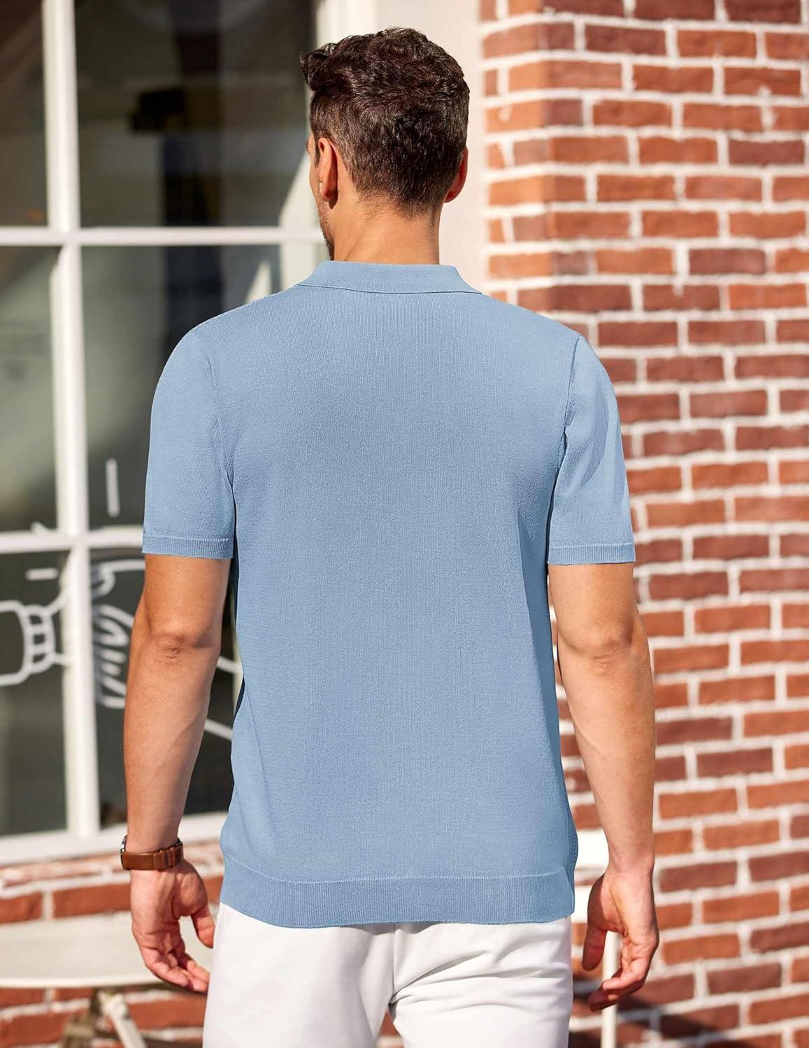 imageCOOFANDY Mens Knit Polo Shirts Short Sleeve Casual Button Down Shirts Vintage Collared Golf ShirtsLight Blue