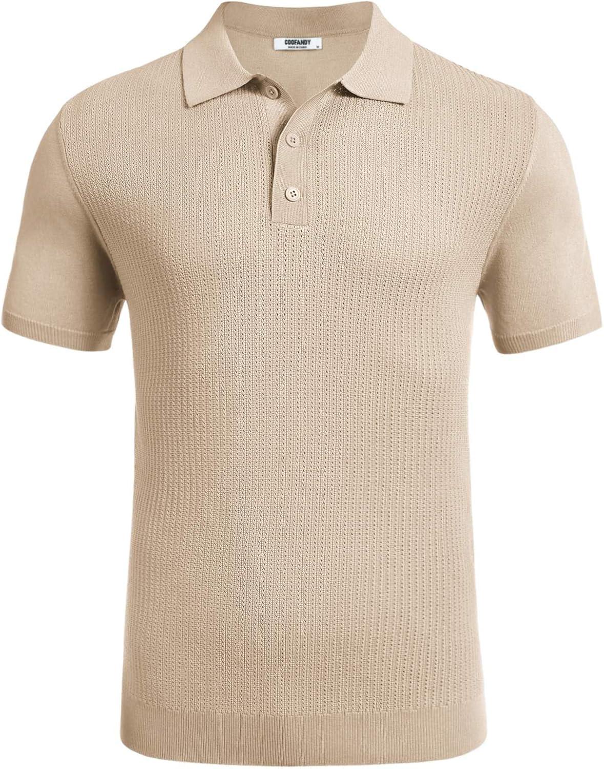 imageCOOFANDY Mens Knit Polo Shirts Short Sleeve Casual Button Down Shirts Vintage Collared Golf ShirtsLight Brown