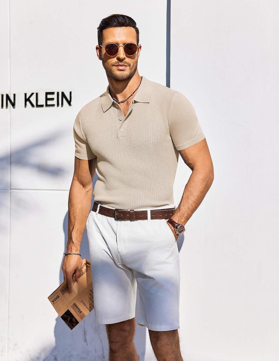 imageCOOFANDY Mens Knit Polo Shirts Short Sleeve Casual Button Down Shirts Vintage Collared Golf ShirtsLight Brown
