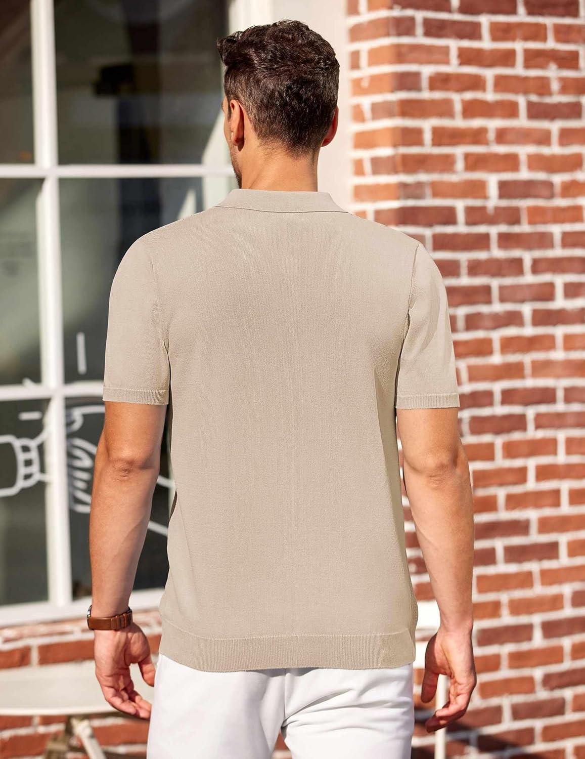 imageCOOFANDY Mens Knit Polo Shirts Short Sleeve Casual Button Down Shirts Vintage Collared Golf ShirtsLight Brown