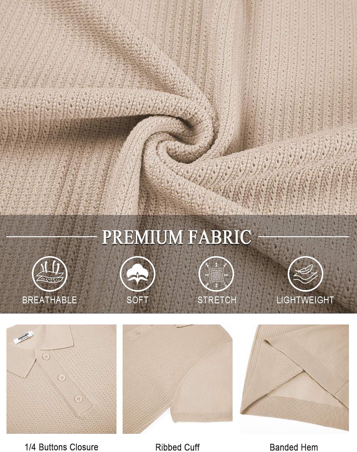 imageCOOFANDY Mens Knit Polo Shirts Short Sleeve Casual Button Down Shirts Vintage Collared Golf ShirtsLight Brown