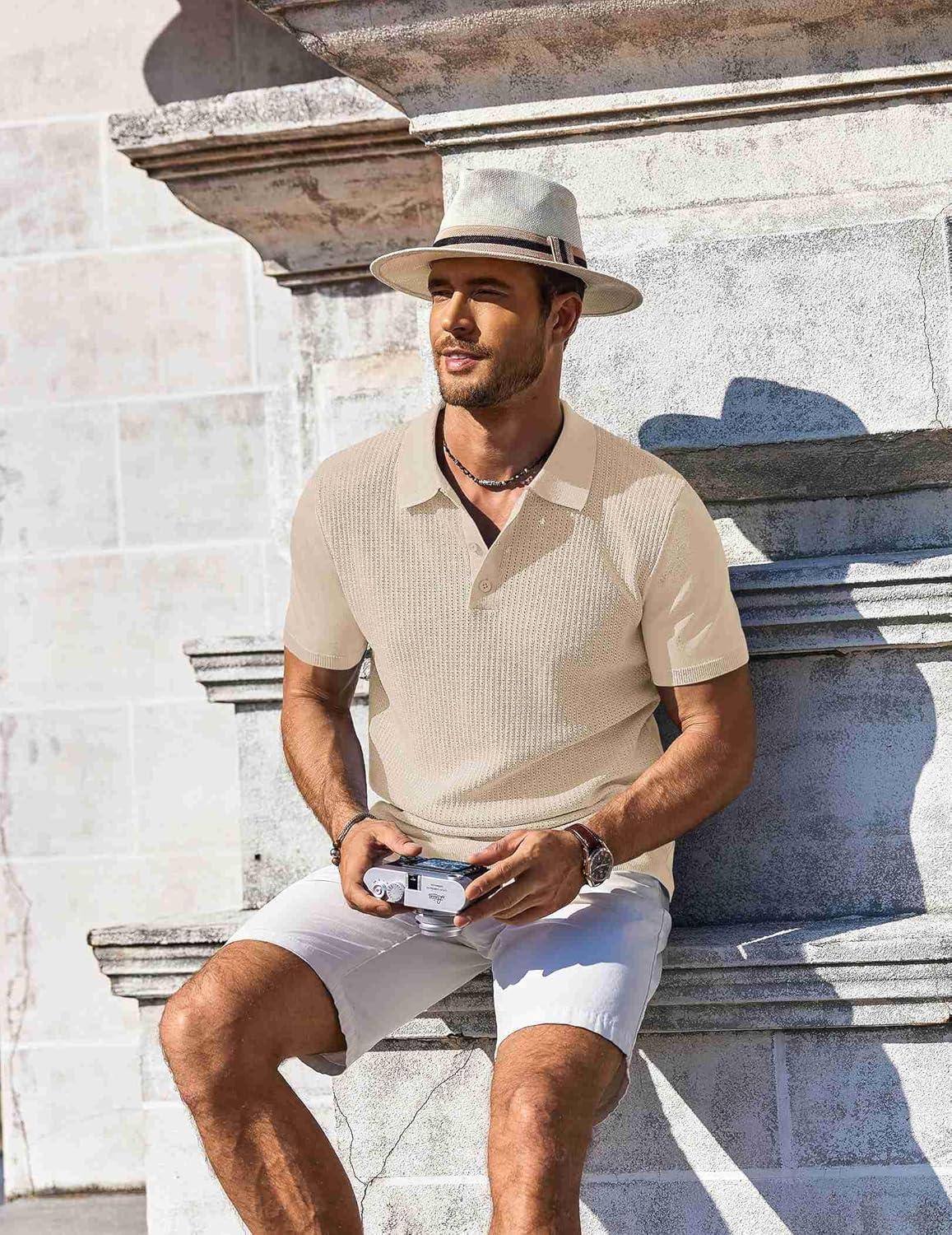 imageCOOFANDY Mens Knit Polo Shirts Short Sleeve Casual Button Down Shirts Vintage Collared Golf ShirtsLight Brown