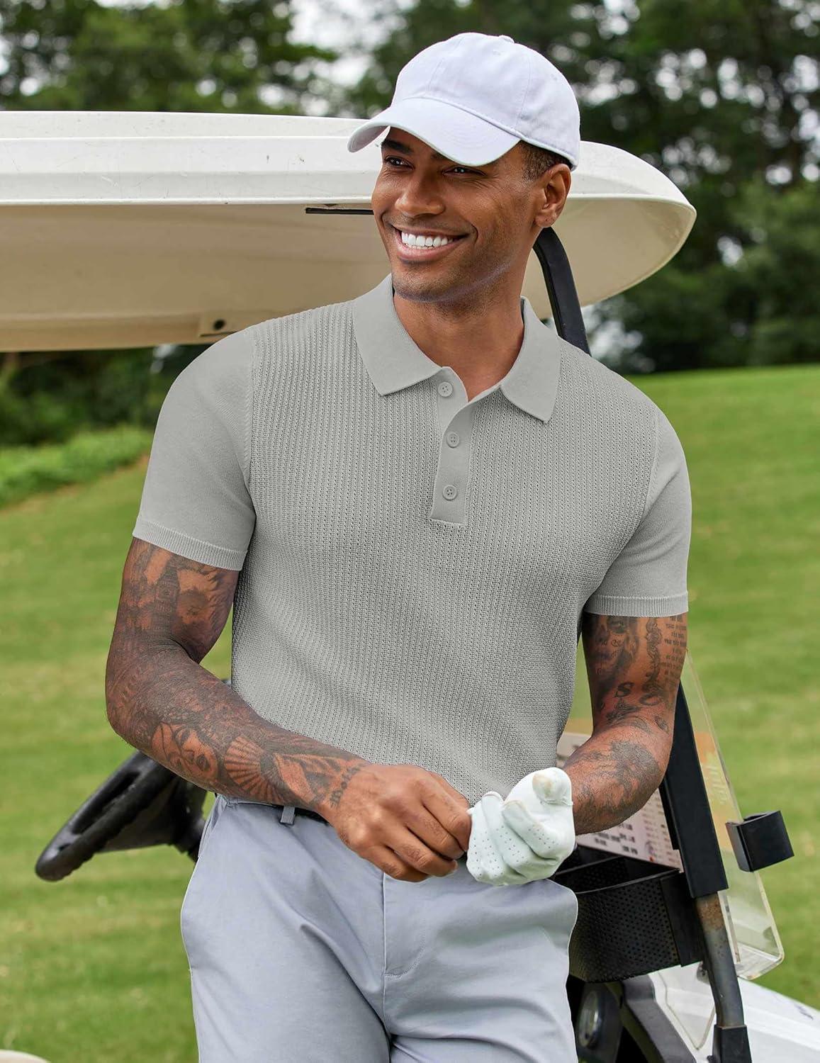 imageCOOFANDY Mens Knit Polo Shirts Short Sleeve Casual Button Down Shirts Vintage Collared Golf ShirtsLight Gray