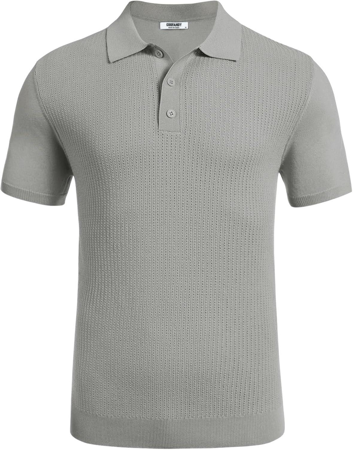 imageCOOFANDY Mens Knit Polo Shirts Short Sleeve Casual Button Down Shirts Vintage Collared Golf ShirtsLight Gray