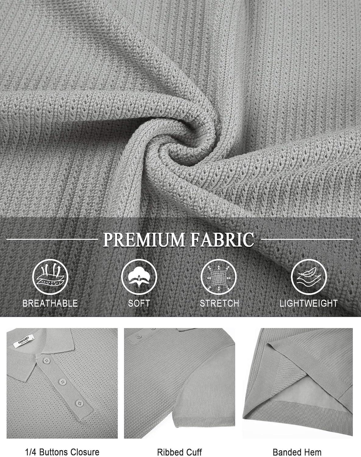imageCOOFANDY Mens Knit Polo Shirts Short Sleeve Casual Button Down Shirts Vintage Collared Golf ShirtsLight Gray