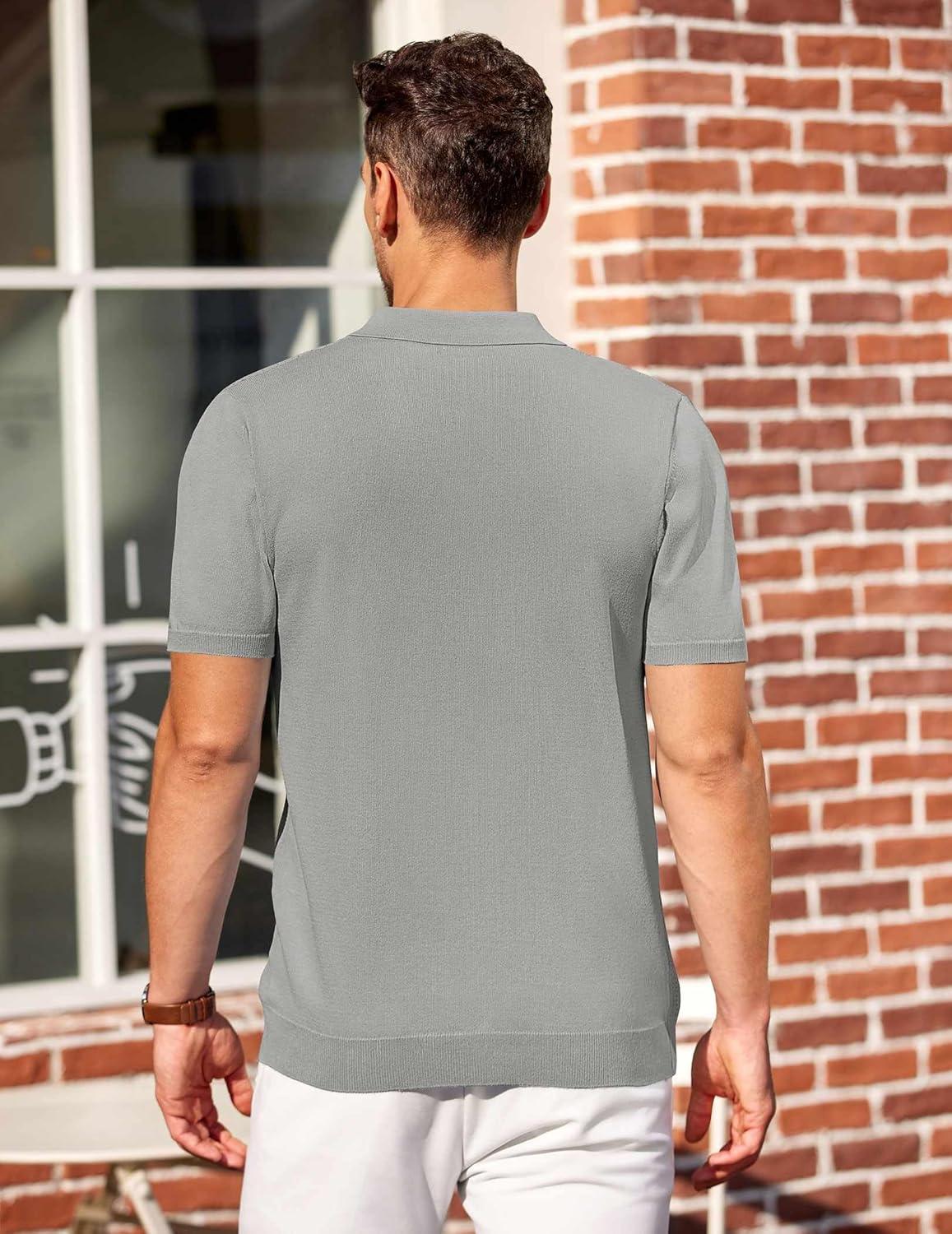 imageCOOFANDY Mens Knit Polo Shirts Short Sleeve Casual Button Down Shirts Vintage Collared Golf ShirtsLight Gray