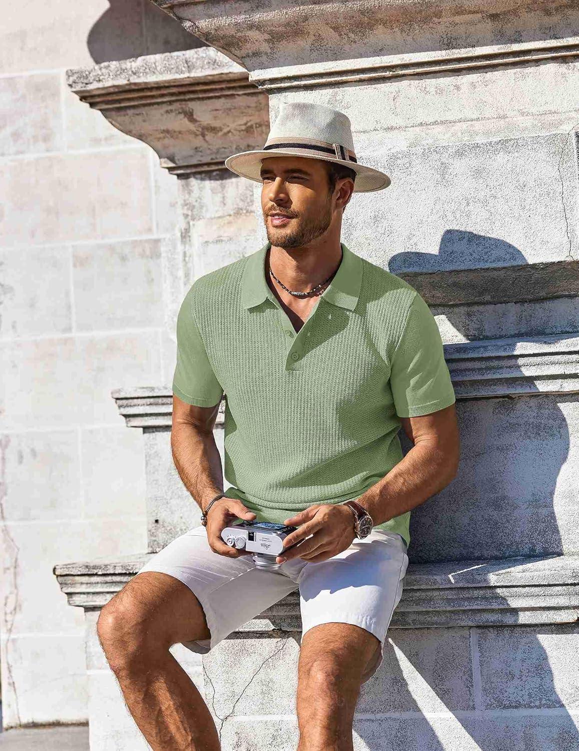 imageCOOFANDY Mens Knit Polo Shirts Short Sleeve Casual Button Down Shirts Vintage Collared Golf ShirtsLight Green