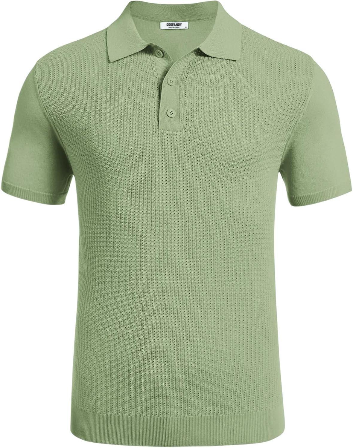 imageCOOFANDY Mens Knit Polo Shirts Short Sleeve Casual Button Down Shirts Vintage Collared Golf ShirtsLight Green