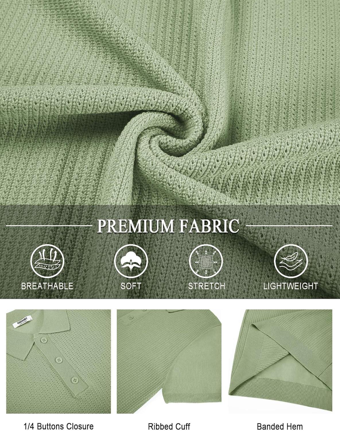 imageCOOFANDY Mens Knit Polo Shirts Short Sleeve Casual Button Down Shirts Vintage Collared Golf ShirtsLight Green