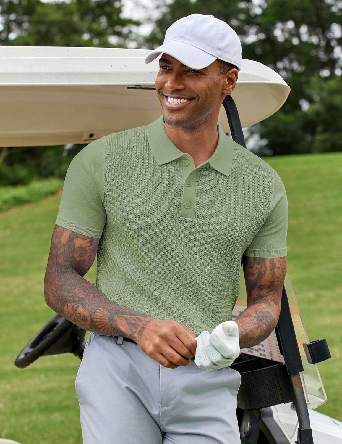 imageCOOFANDY Mens Knit Polo Shirts Short Sleeve Casual Button Down Shirts Vintage Collared Golf ShirtsLight Green