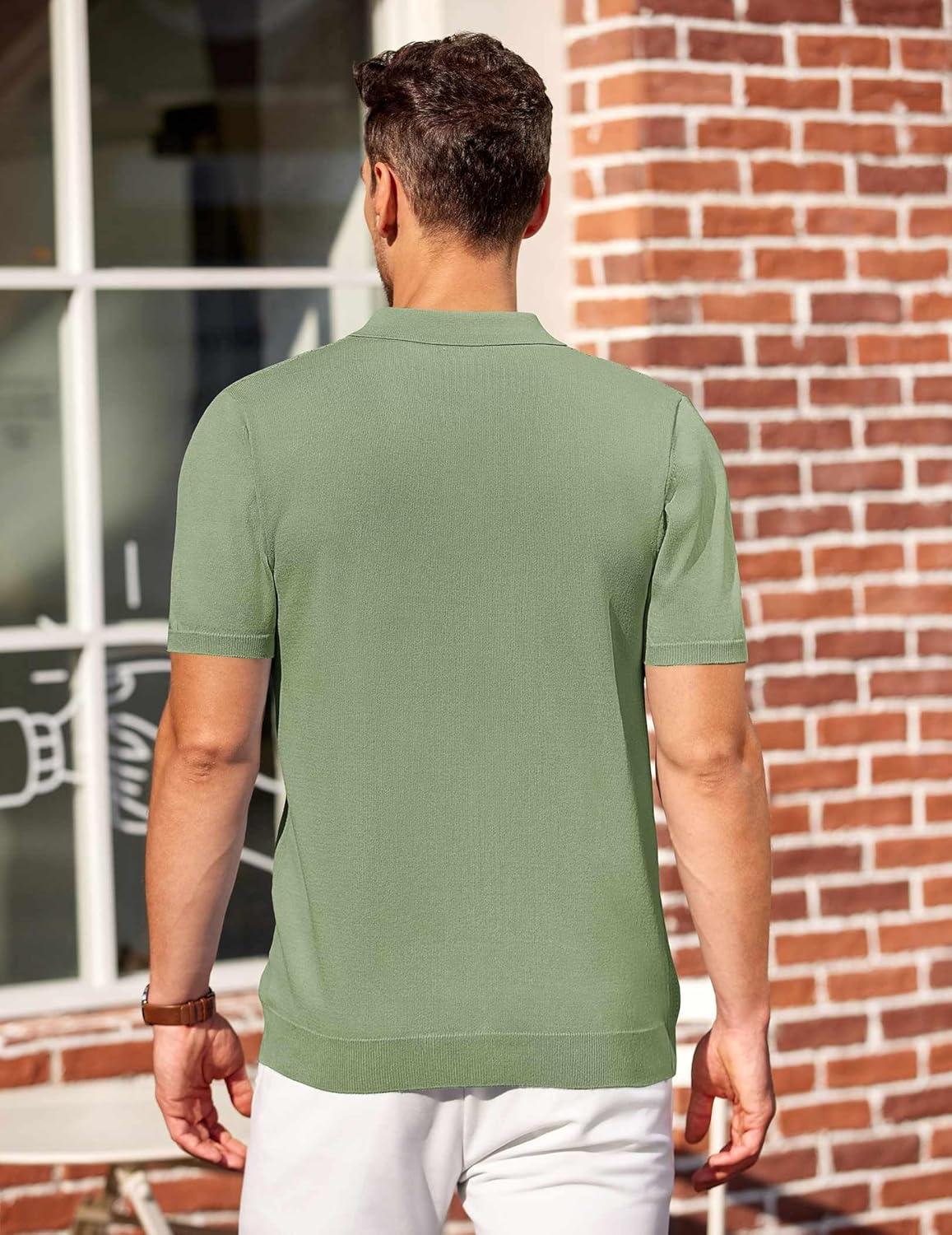 imageCOOFANDY Mens Knit Polo Shirts Short Sleeve Casual Button Down Shirts Vintage Collared Golf ShirtsLight Green